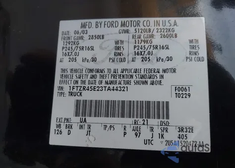 2003 Ford Ranger Edge/Xlt/Xlt Fx4 Off-Road z USA, uszkodzony, nr VIN 1FTZR45E23TA44321